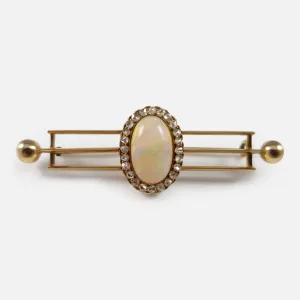 14ct Gold Opal and Diamond Cluster Bar Brooch