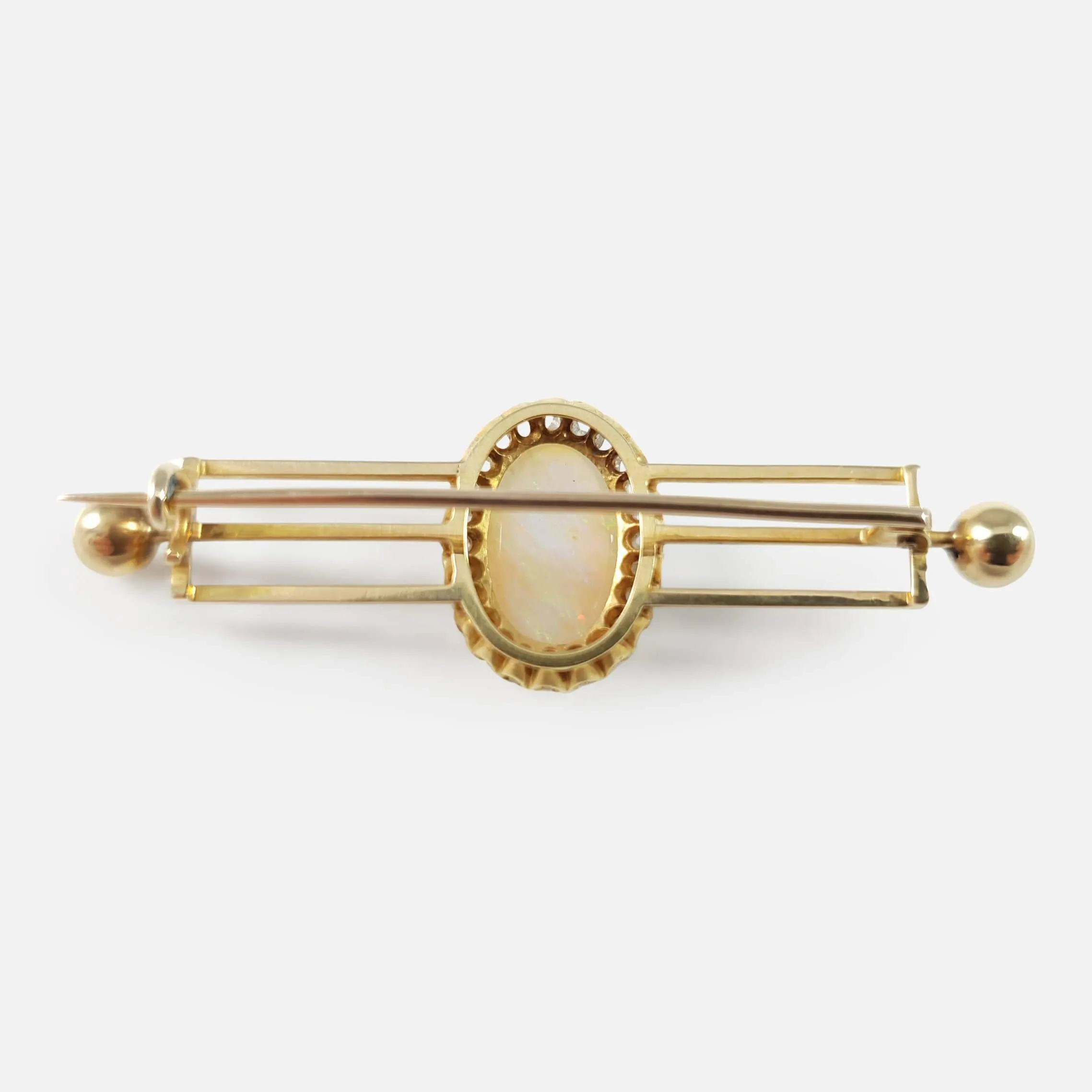 14ct Gold Opal and Diamond Cluster Bar Brooch