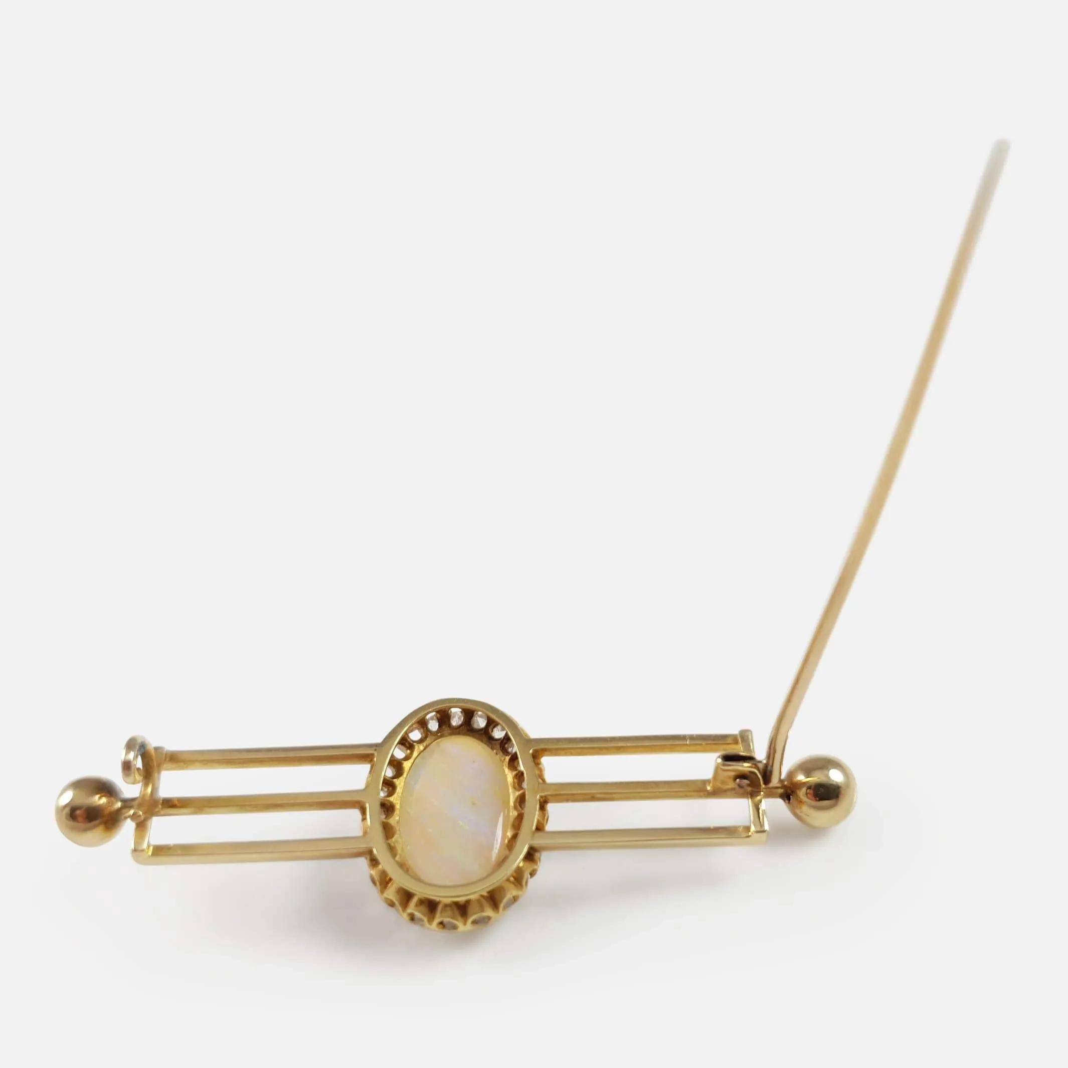14ct Gold Opal and Diamond Cluster Bar Brooch