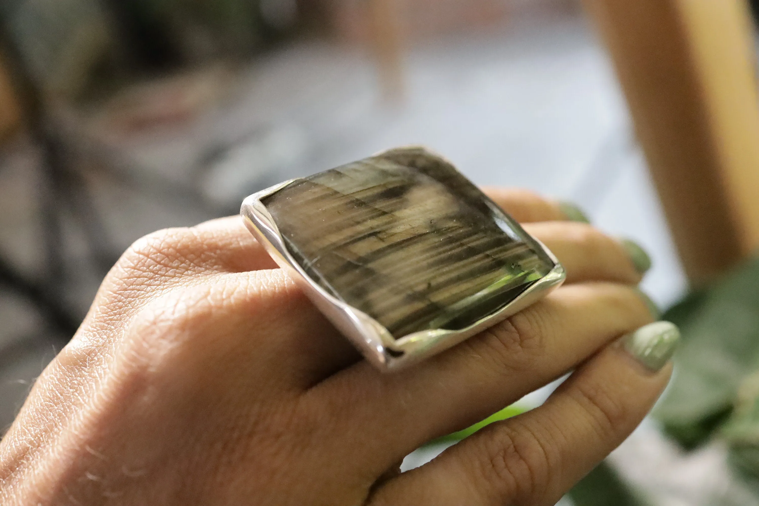 Adjustable Sterling Silver Ring with Square Labradorite - Unisex - Size 5-10 US