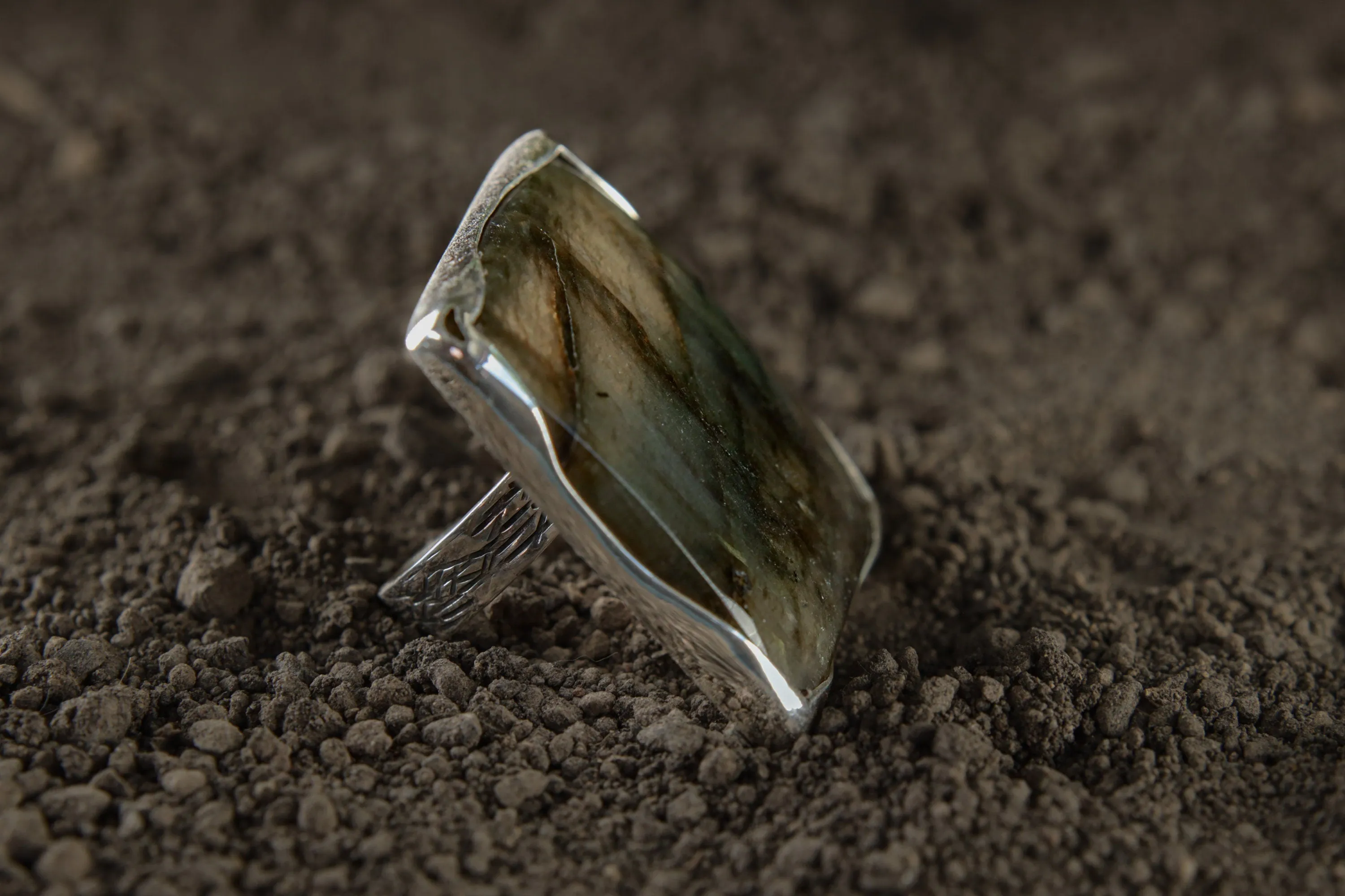 Adjustable Sterling Silver Ring with Square Labradorite - Unisex - Size 5-10 US