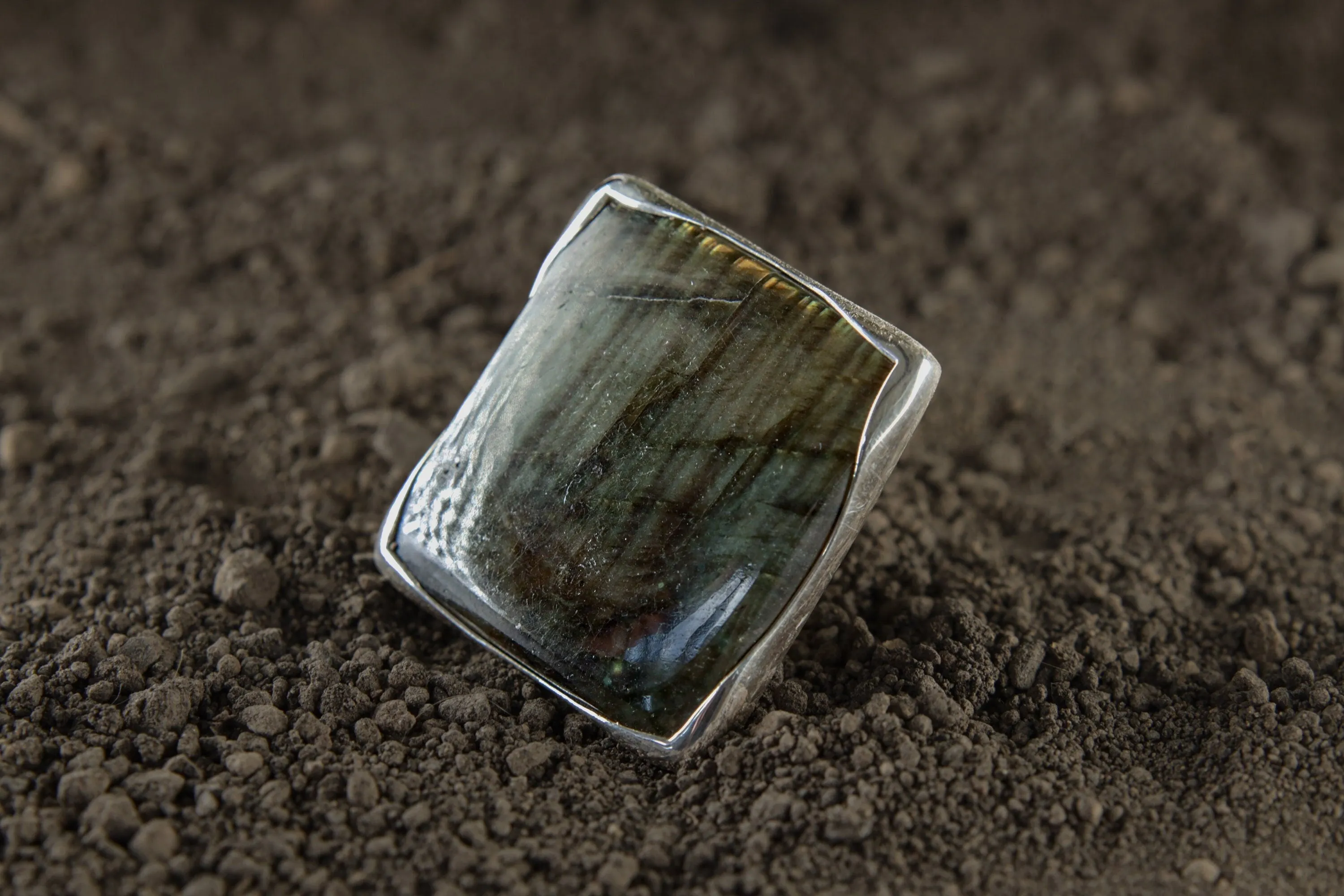 Adjustable Sterling Silver Ring with Square Labradorite - Unisex - Size 5-10 US