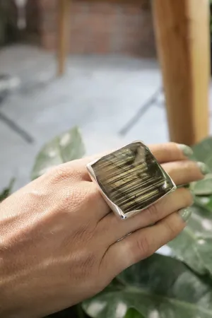 Adjustable Sterling Silver Ring with Square Labradorite - Unisex - Size 5-10 US