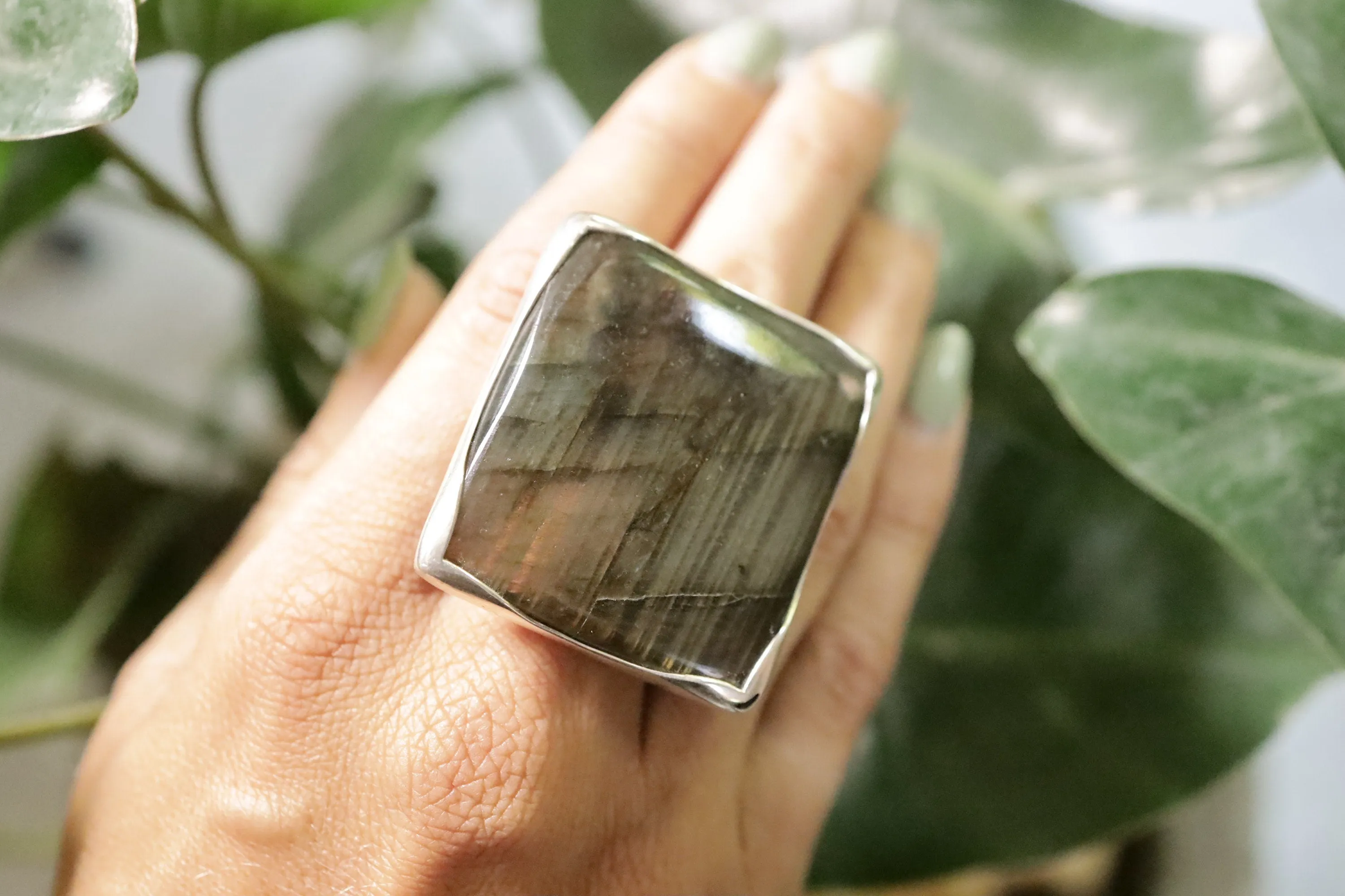 Adjustable Sterling Silver Ring with Square Labradorite - Unisex - Size 5-10 US