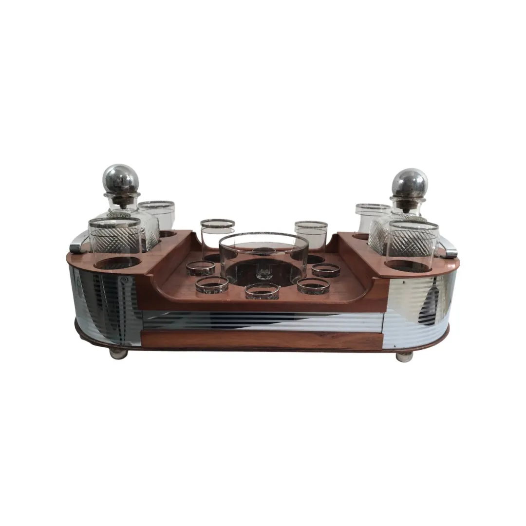 Art Deco 18 Piece Cocktail Bar Set with Wooden Carrier