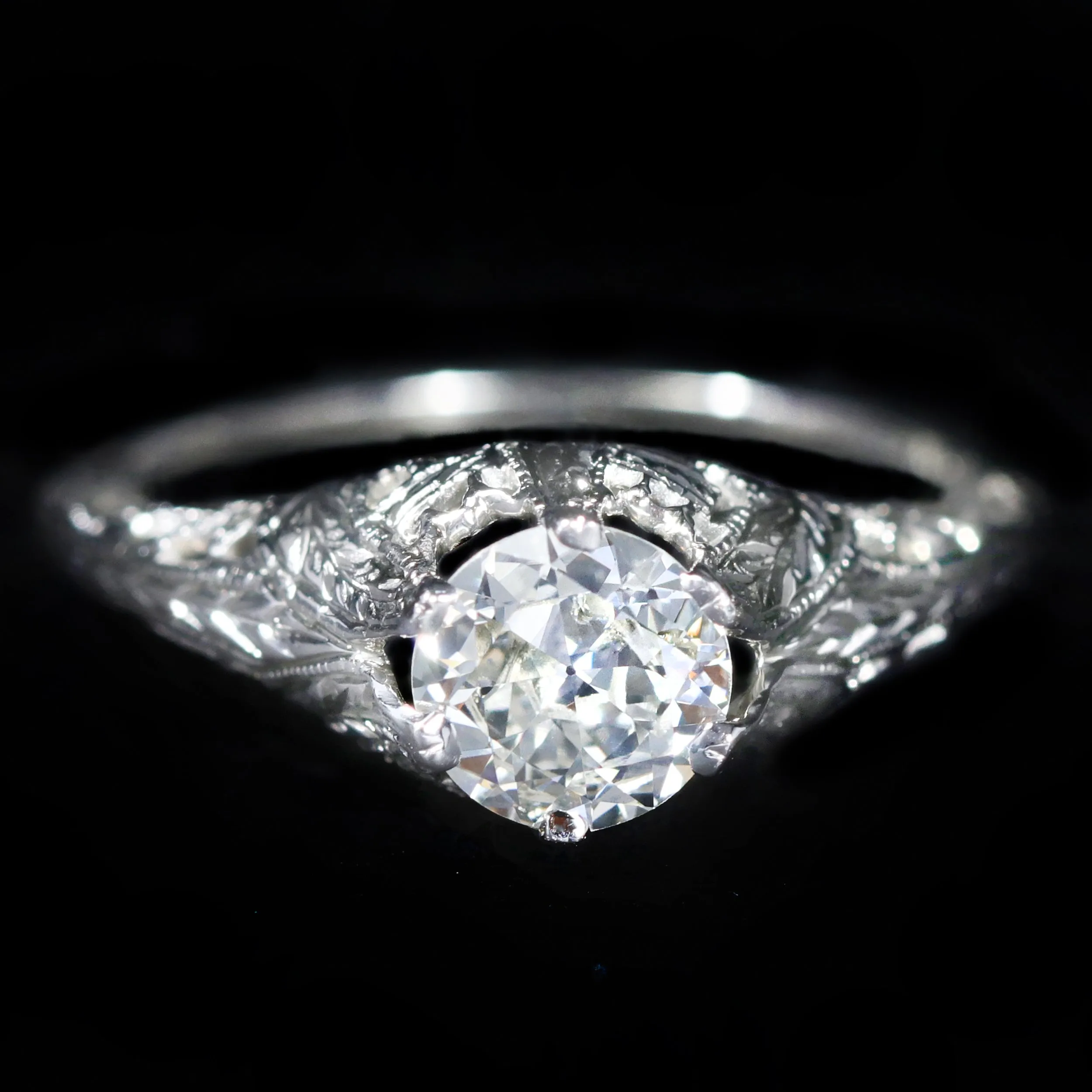 Art Deco 18K White Gold 0.70 Carat Old European Cut Diamond Engagement Ring