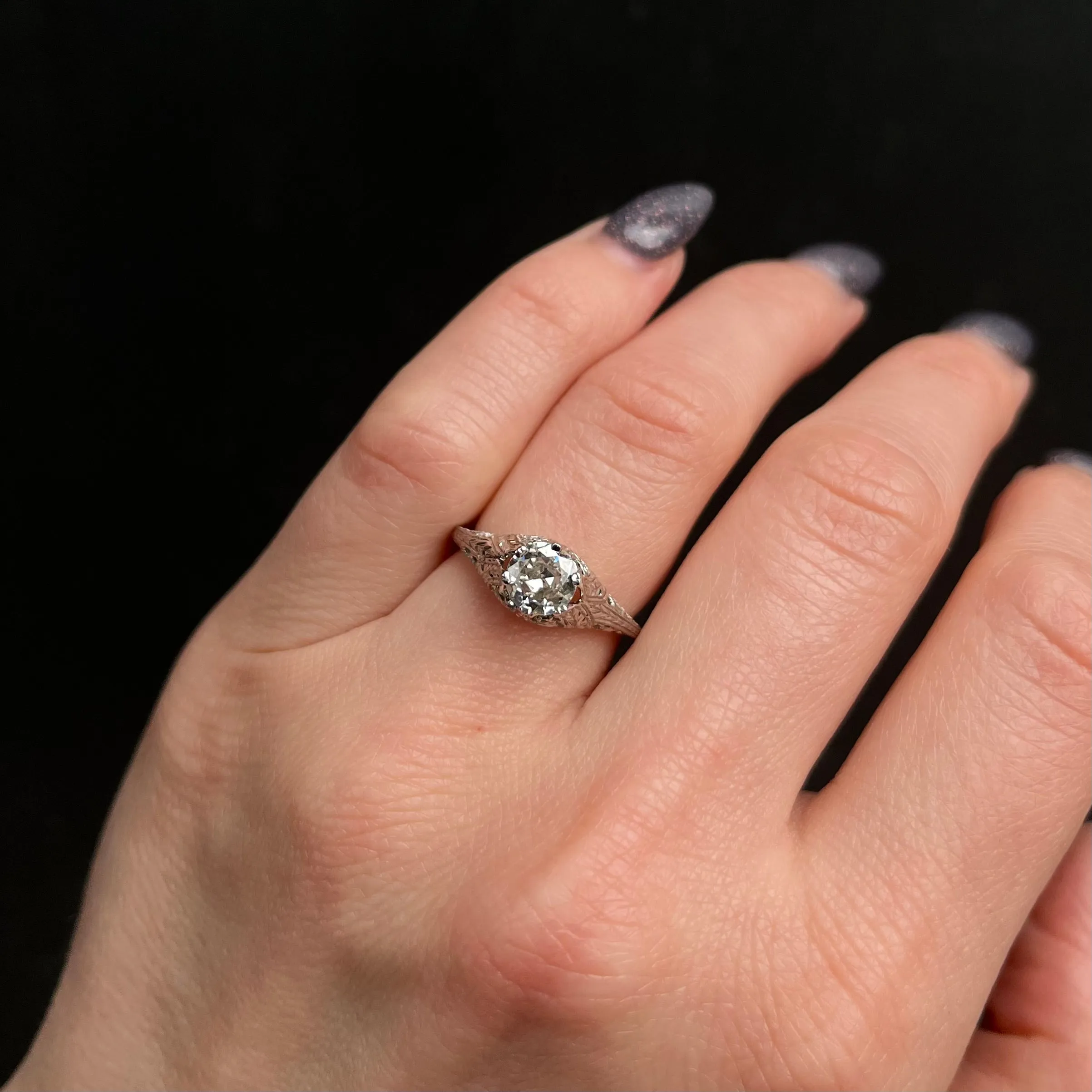 Art Deco 18K White Gold 0.70 Carat Old European Cut Diamond Engagement Ring