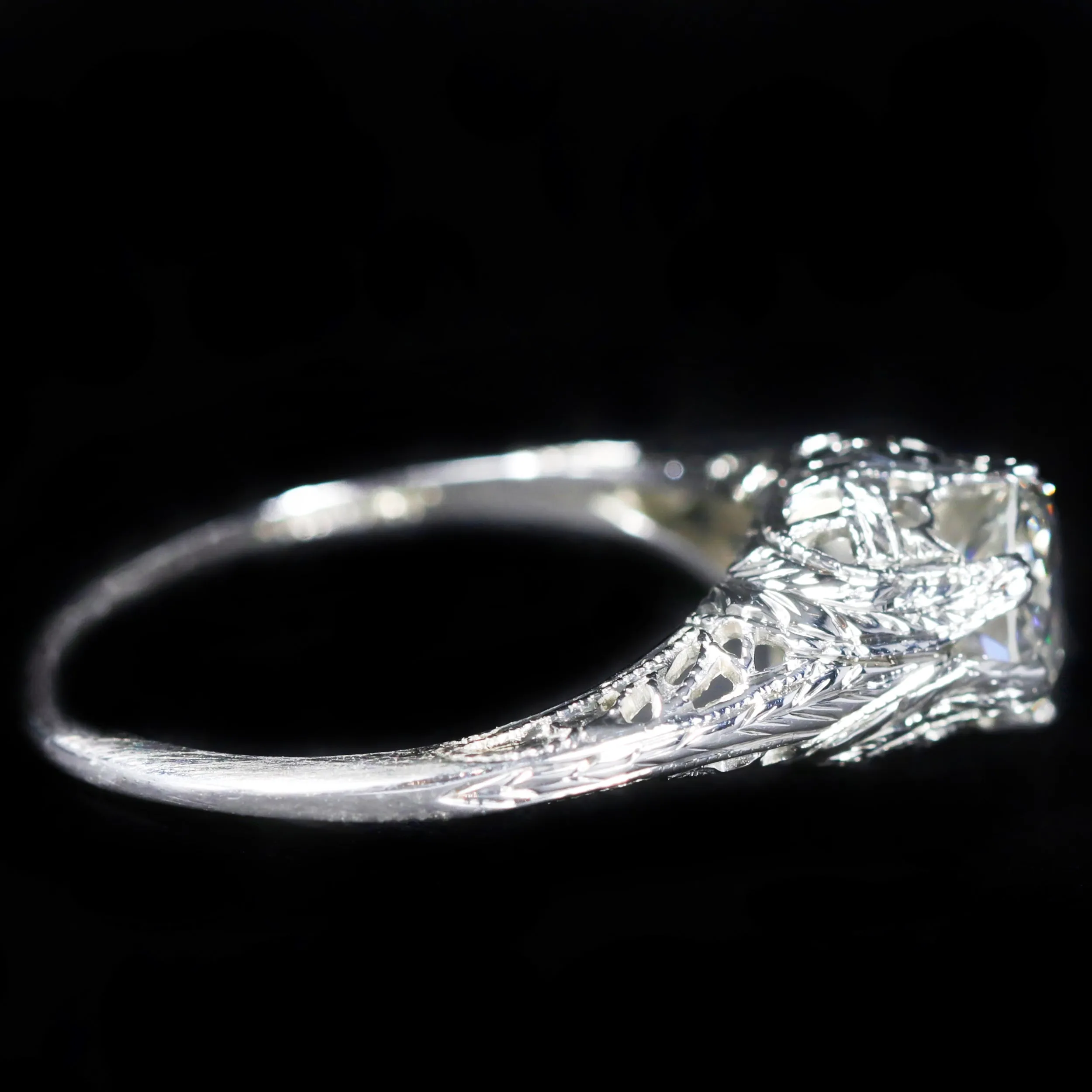 Art Deco 18K White Gold 0.70 Carat Old European Cut Diamond Engagement Ring
