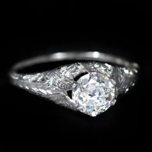 Art Deco 18K White Gold 0.70 Carat Old European Cut Diamond Engagement Ring