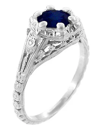 Art Deco Filigree Flowers Blue Sapphire Promise Ring in Sterling Silver