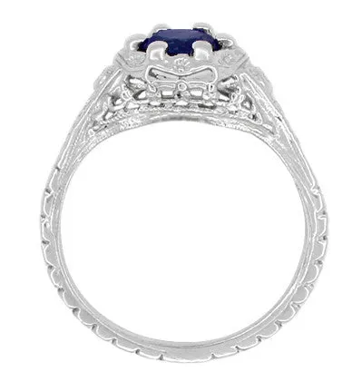 Art Deco Filigree Flowers Blue Sapphire Promise Ring in Sterling Silver