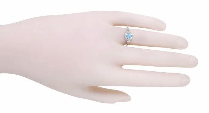 Art Deco Filigree Flowers Blue Topaz Promise Ring in Sterling Silver