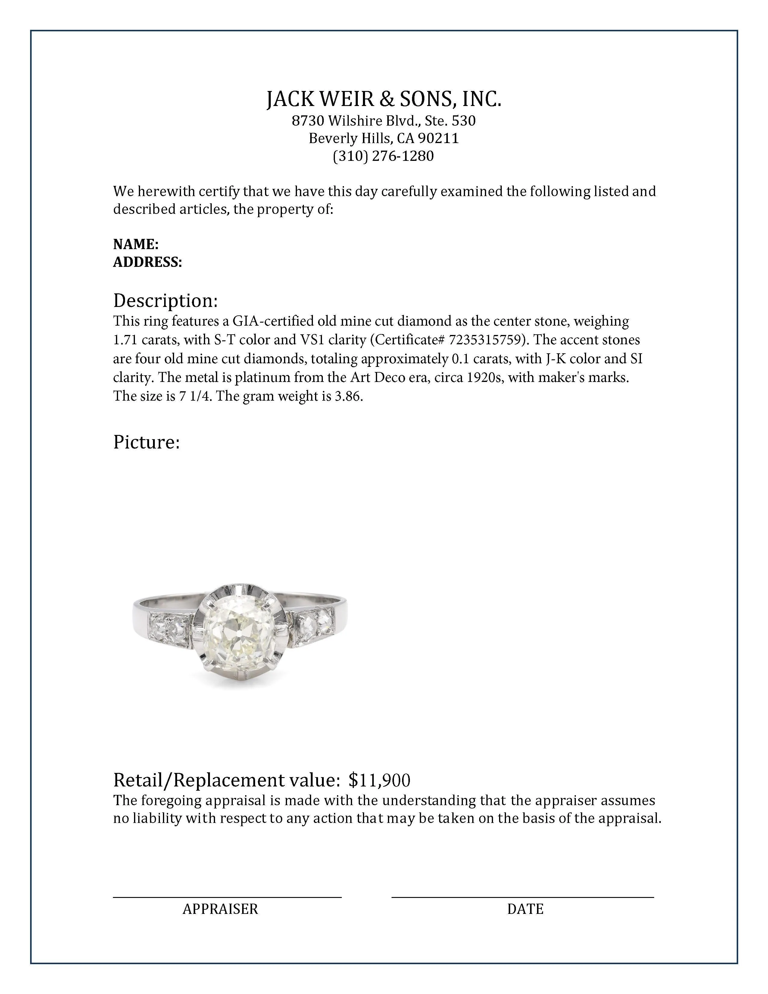 Art Deco French 1.71 Carat Old Mine Cut GIA Diamond Platinum Engagement Ring