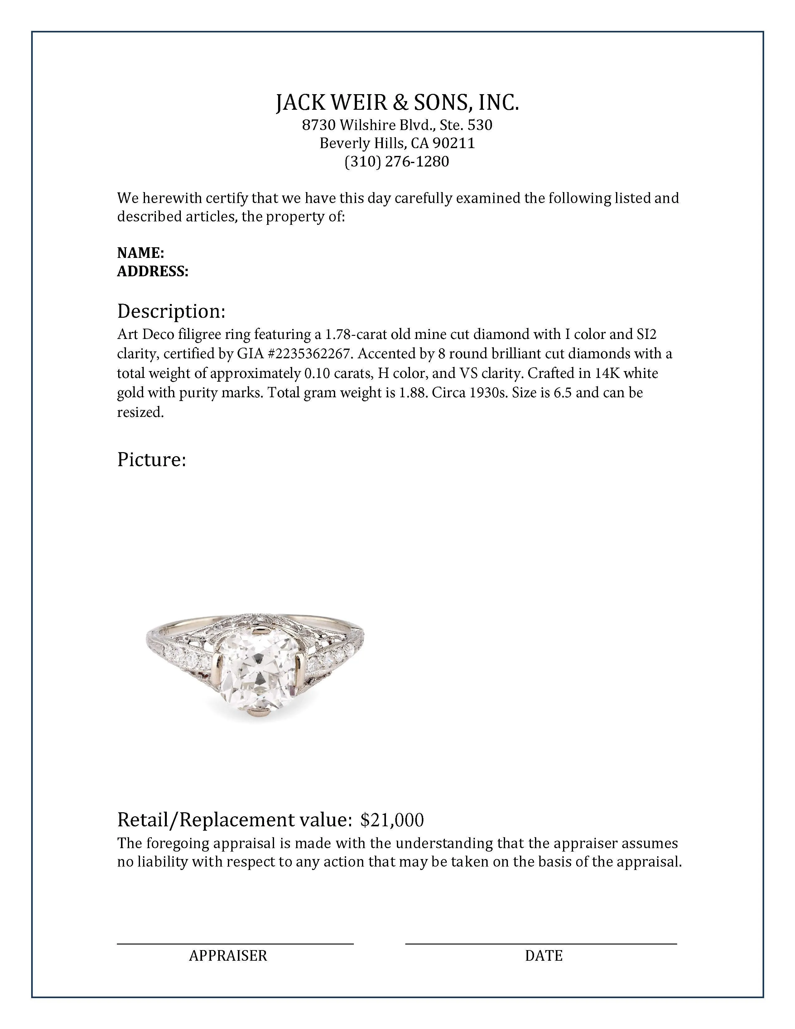 Art Deco GIA 1.78 Carat Old Mine Cut Diamond 14K White Gold Filigree Ring