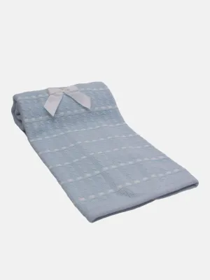Baby Dotted Stripe Knitted Spanish Blanket with Satin Bow-Baby Blue