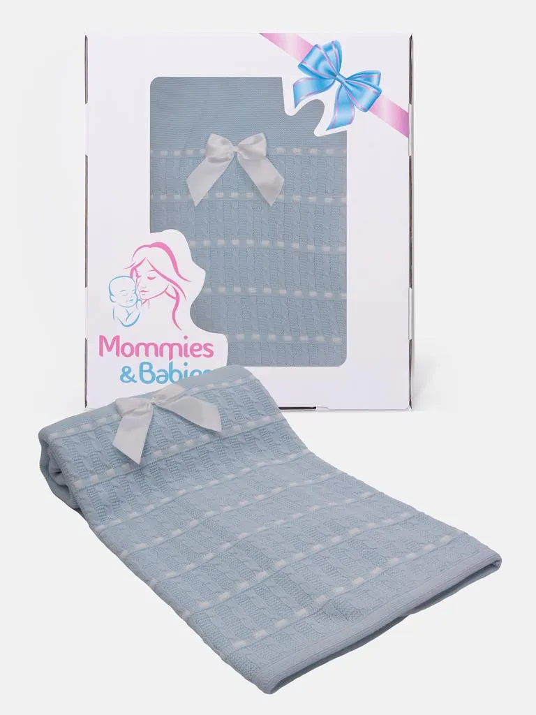 Baby Dotted Stripe Knitted Spanish Blanket with Satin Bow-Baby Blue