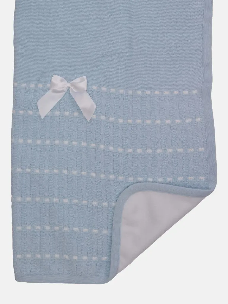 Baby Dotted Stripe Knitted Spanish Blanket with Satin Bow-Baby Blue