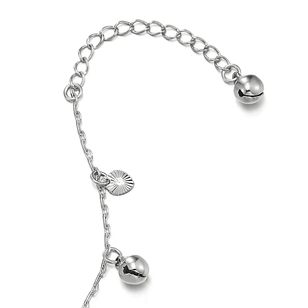 Beautiful Link Chain Anklet Bracelet with Dangling Grooved Hearts and Jingle Bells, Adjustable