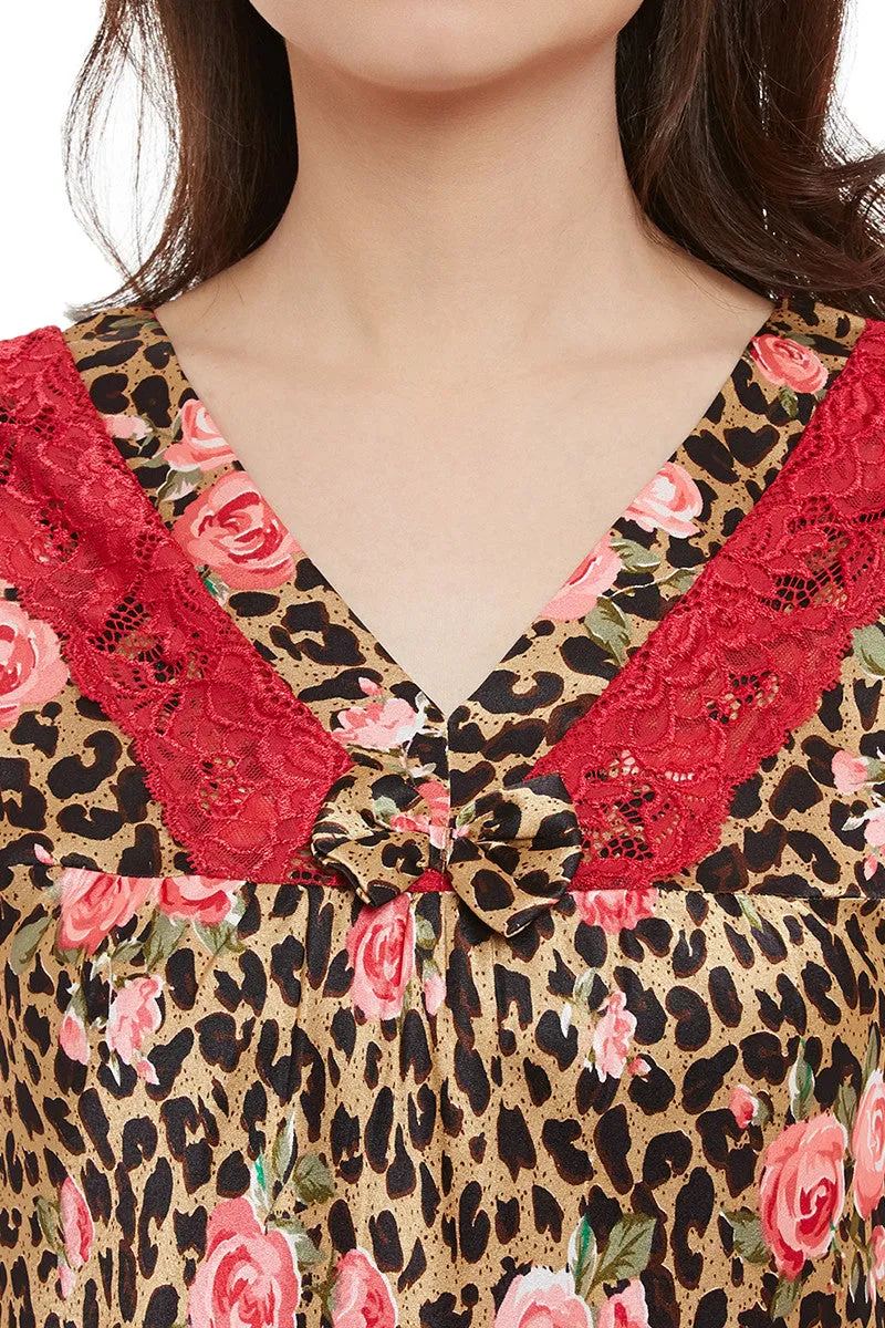 Beautiful roses resting on animal print Long Nighty