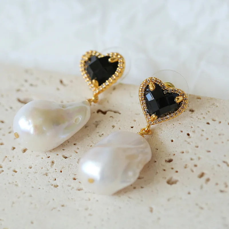 Black Heart-shaped Baroque Pearl Earrings