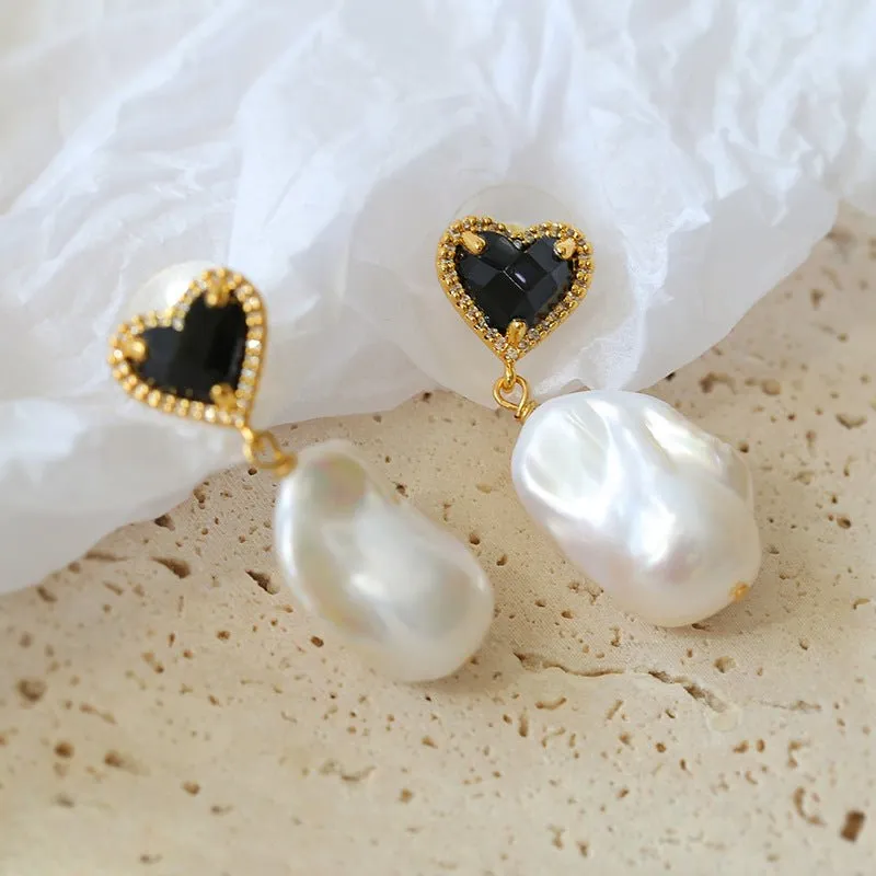 Black Heart-shaped Baroque Pearl Earrings