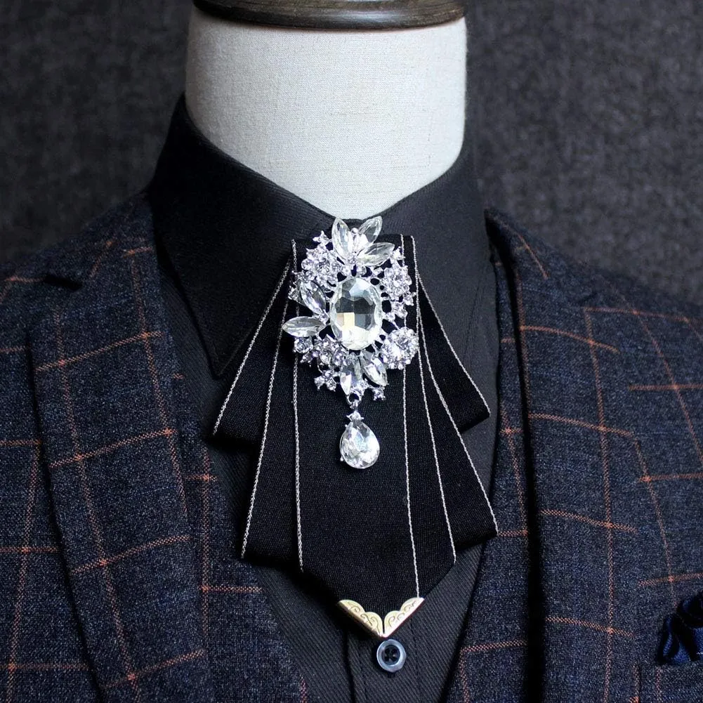 Crystal Bow tie Brooches Collar Pin Jewelry ribbon Fabric Bowknot Pre Tied Neck Tie For men Women wedding bridegroom
