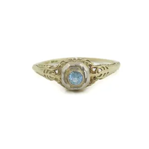 Edwardian 10 K Gold x Aquamarine Filigree Ring