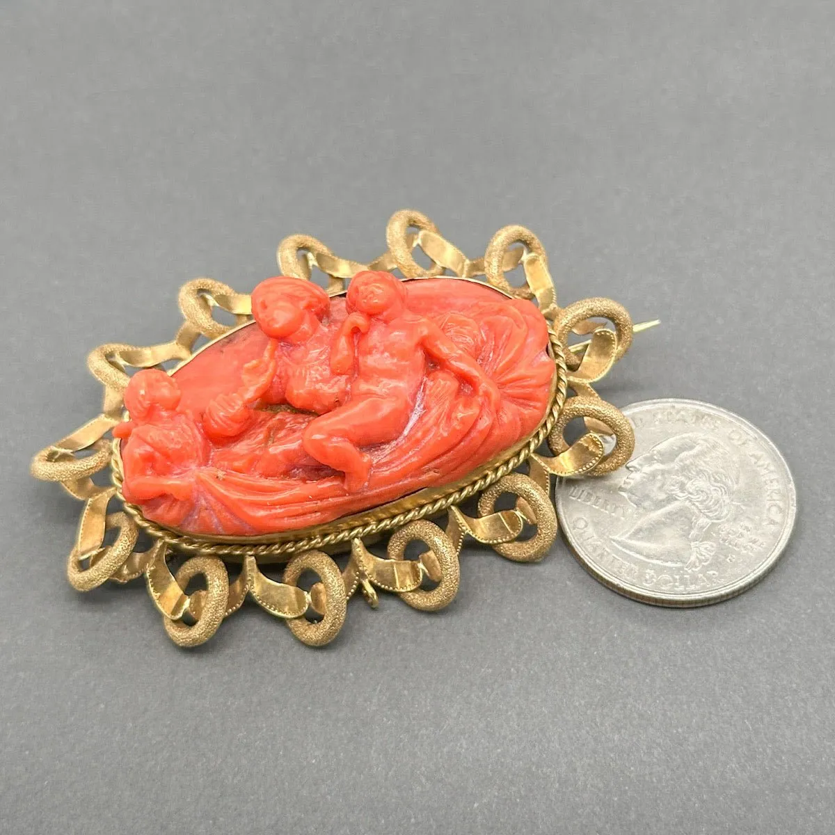 Estate 18K Y Gold Victorian 69.02ct Coral Adoration of Mary Brooch