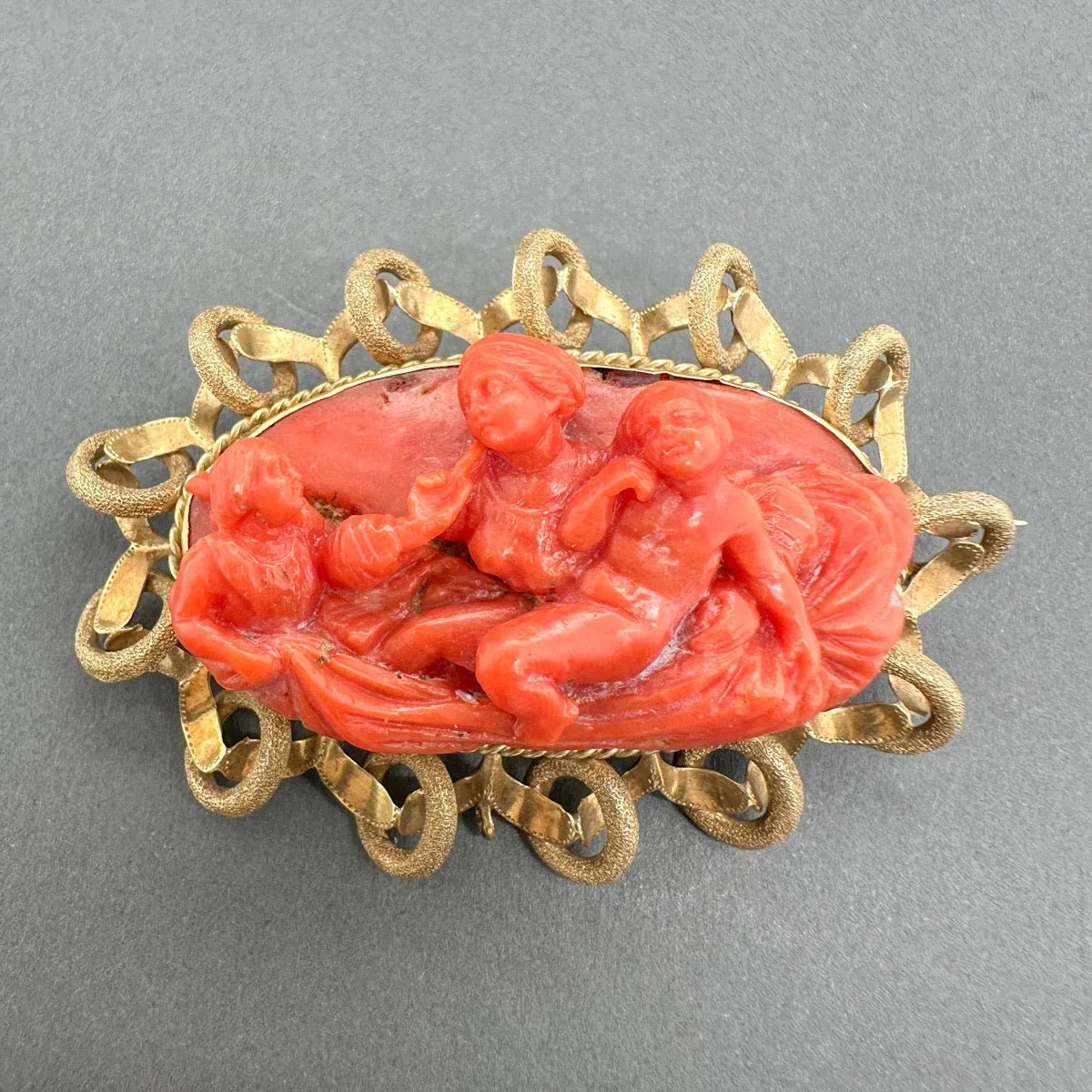 Estate 18K Y Gold Victorian 69.02ct Coral Adoration of Mary Brooch