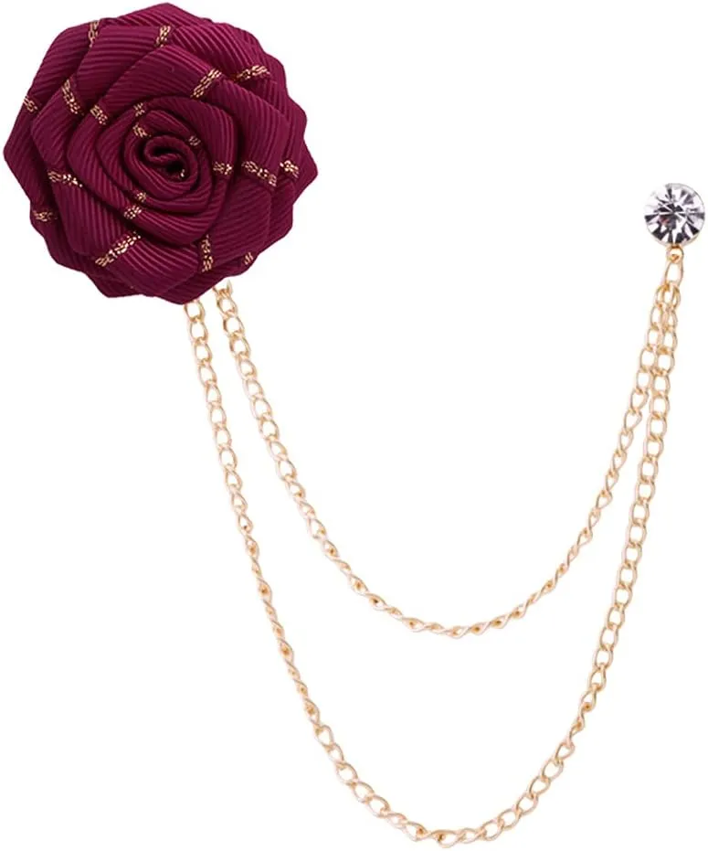 Fashion Bridegroom Wedding Brooches Fabrics Handmade Rose Flower Brooch Lapel Pin Badge Tassel Chain Men's Suit Accessories