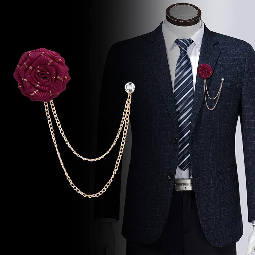 Fashion Bridegroom Wedding Brooches Fabrics Handmade Rose Flower Brooch Lapel Pin Badge Tassel Chain Men's Suit Accessories