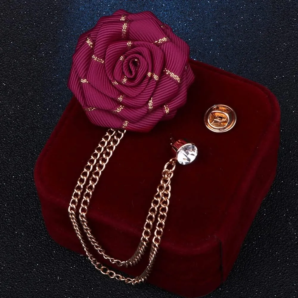 Fashion Bridegroom Wedding Brooches Fabrics Handmade Rose Flower Brooch Lapel Pin Badge Tassel Chain Men's Suit Accessories