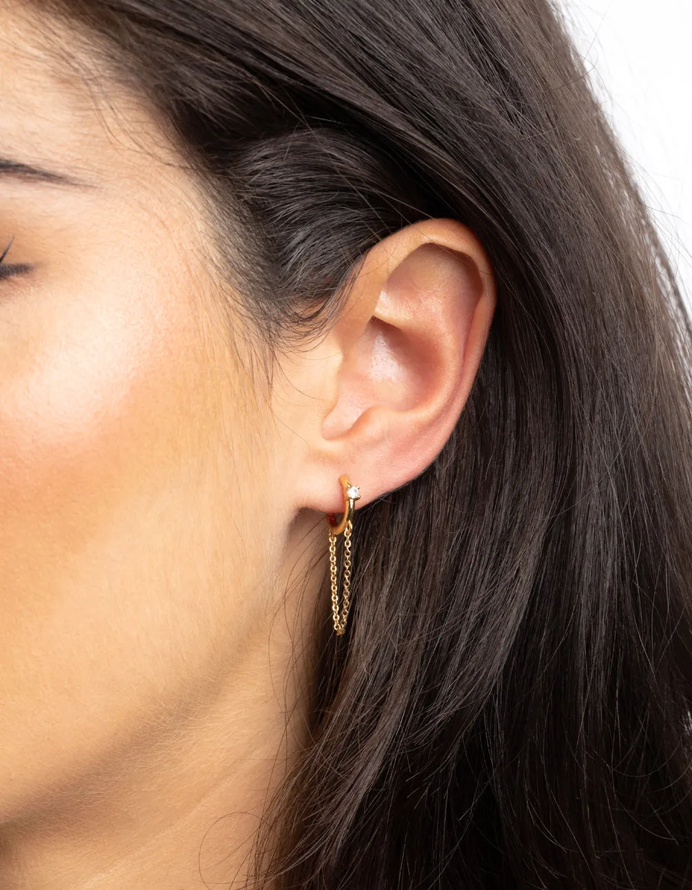 Gold Plated Cubic Zirconia Chain Huggie Hoop Earrings
