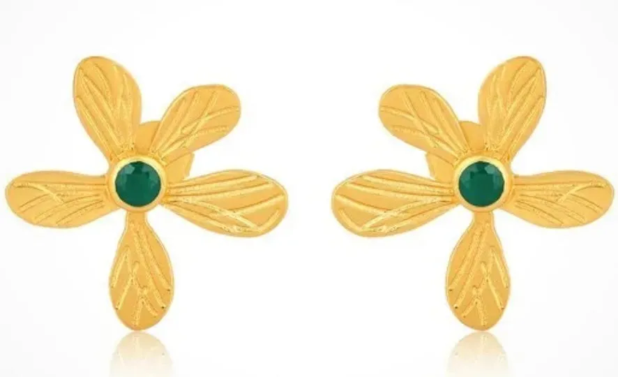 Gold Vermeil Green Onyx Gemstone Flower Statement Studs 1.5”