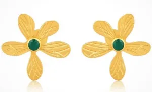 Gold Vermeil Green Onyx Gemstone Flower Statement Studs 1.5”