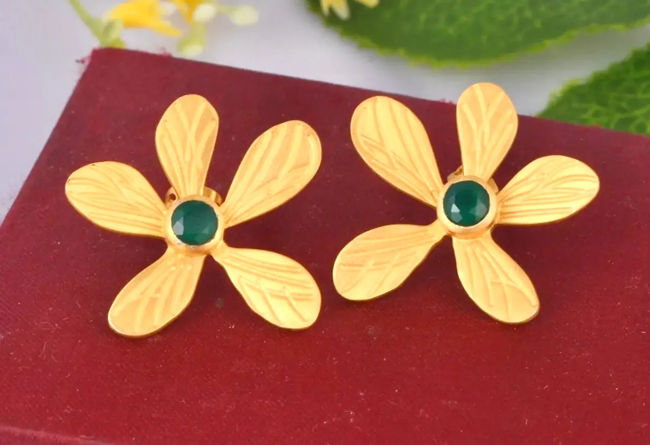 Gold Vermeil Green Onyx Gemstone Flower Statement Studs 1.5”