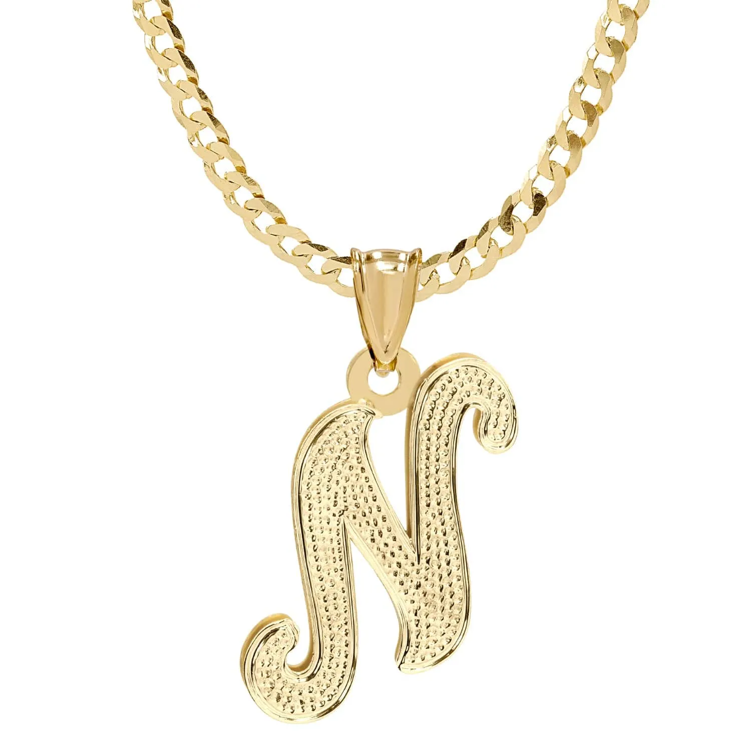 Initial Necklace - Double Plated with Beaded Finish with Cuban chain