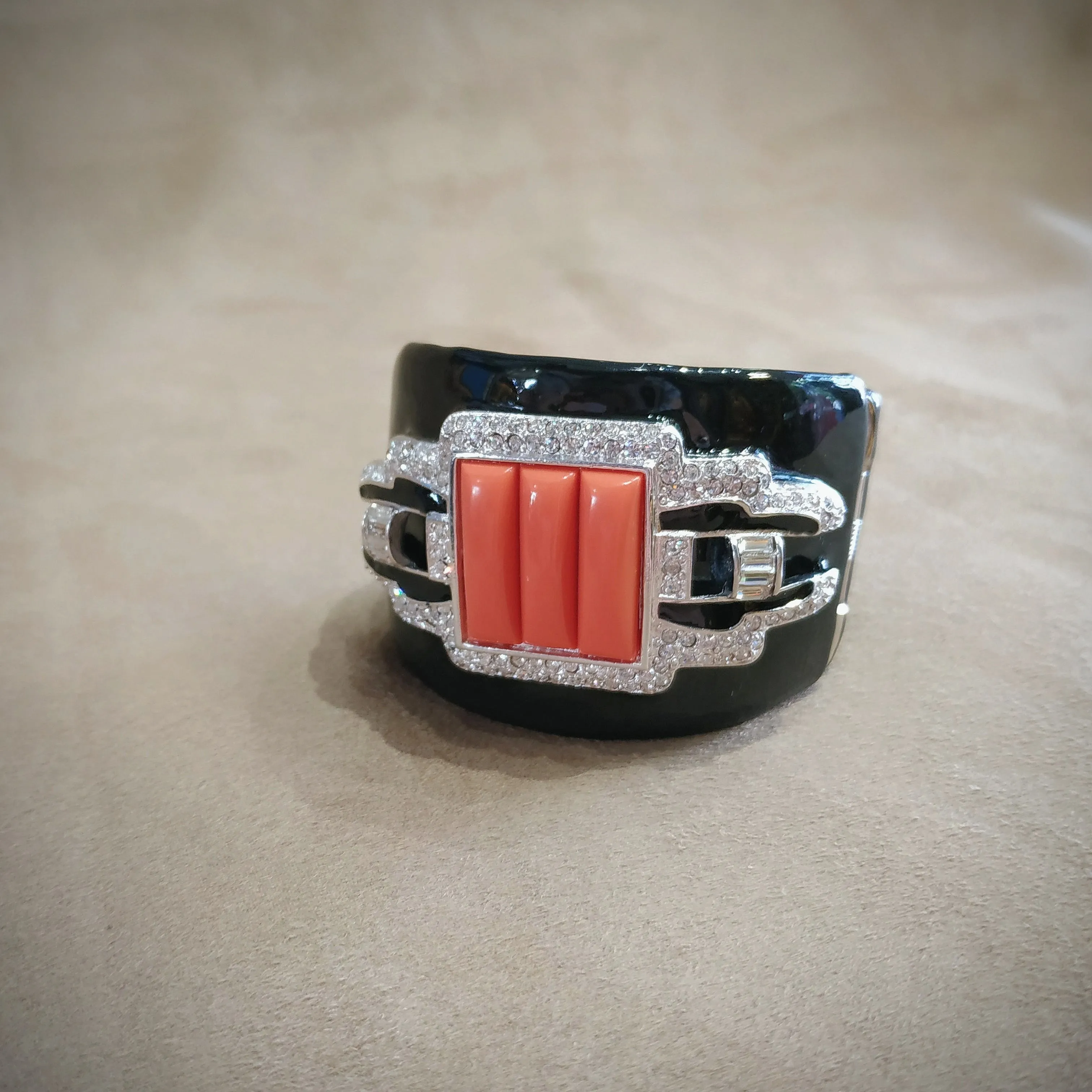Kenneth Jay Lane Art Deco Coral Black Enamel Cuff Bracelet