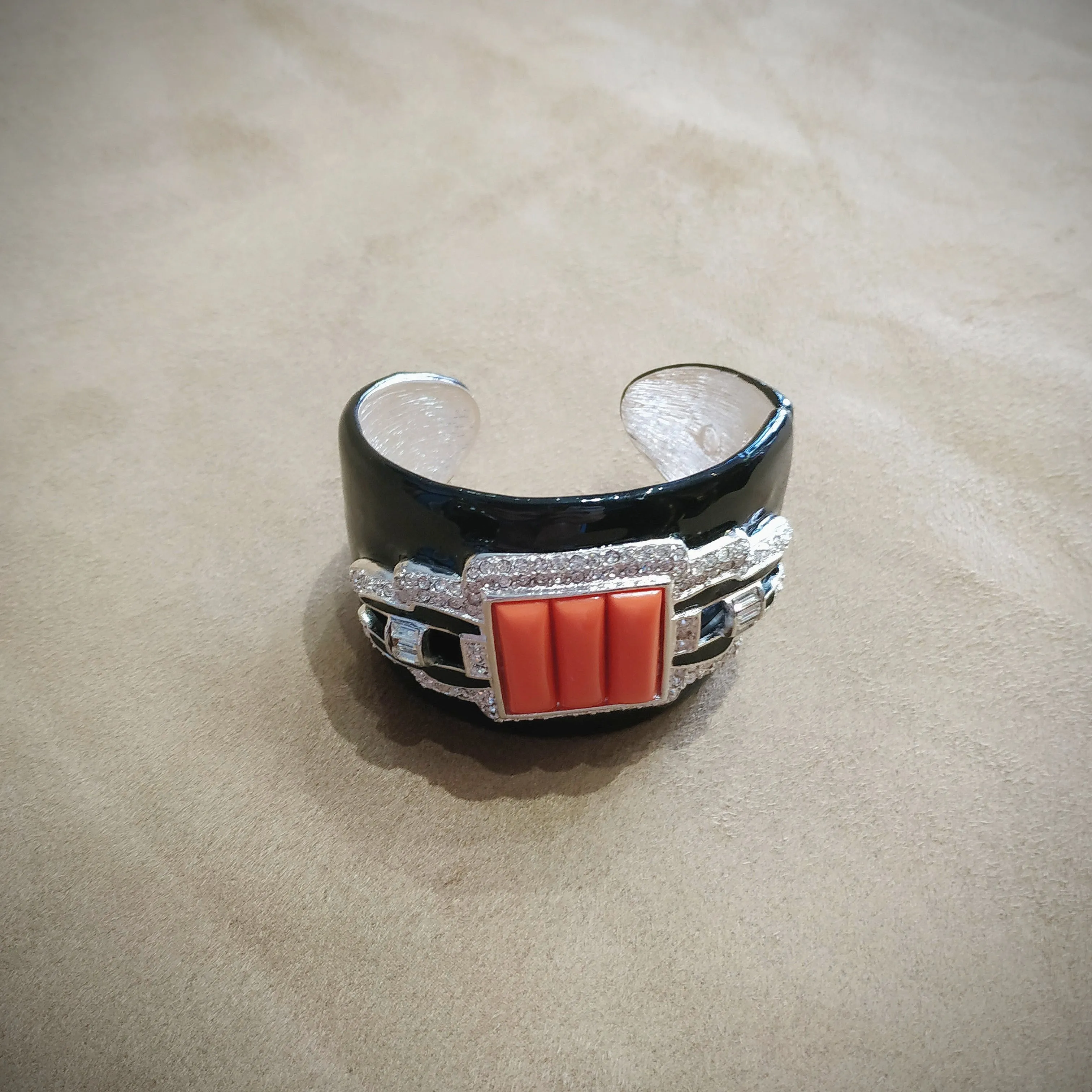 Kenneth Jay Lane Art Deco Coral Black Enamel Cuff Bracelet