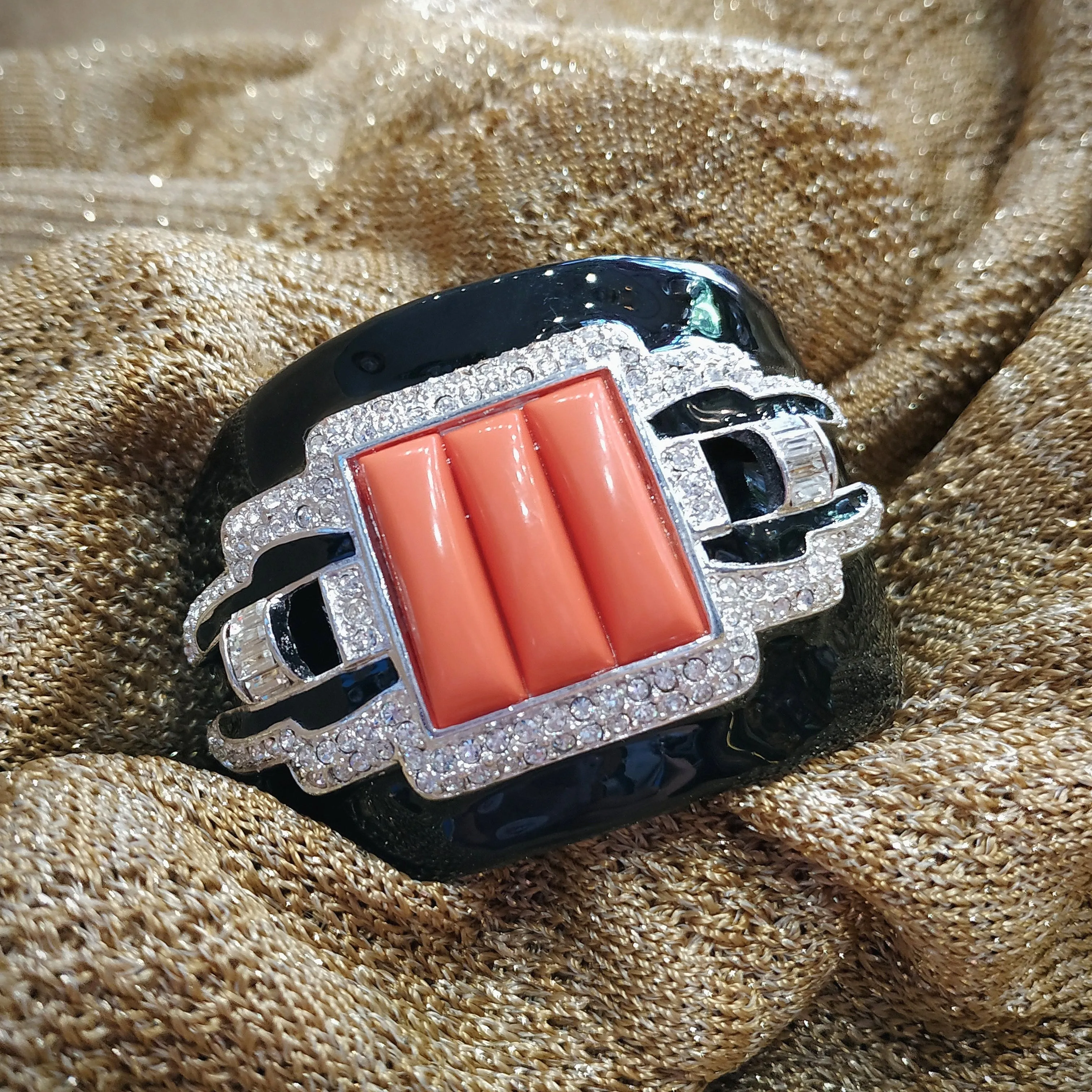 Kenneth Jay Lane Art Deco Coral Black Enamel Cuff Bracelet