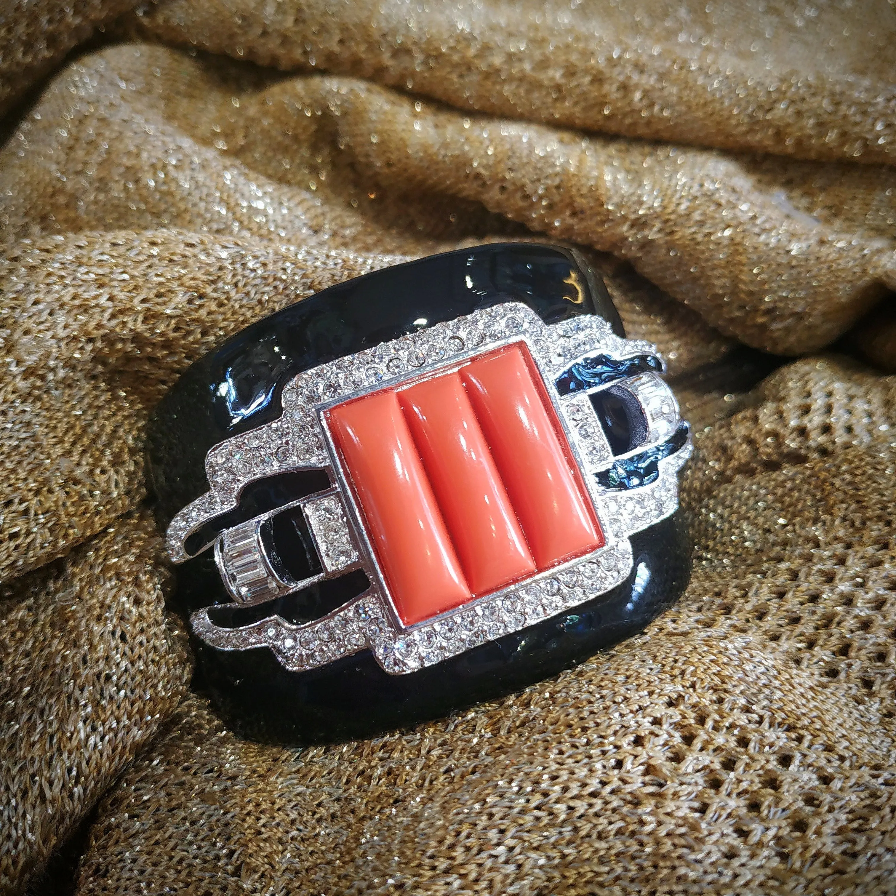 Kenneth Jay Lane Art Deco Coral Black Enamel Cuff Bracelet