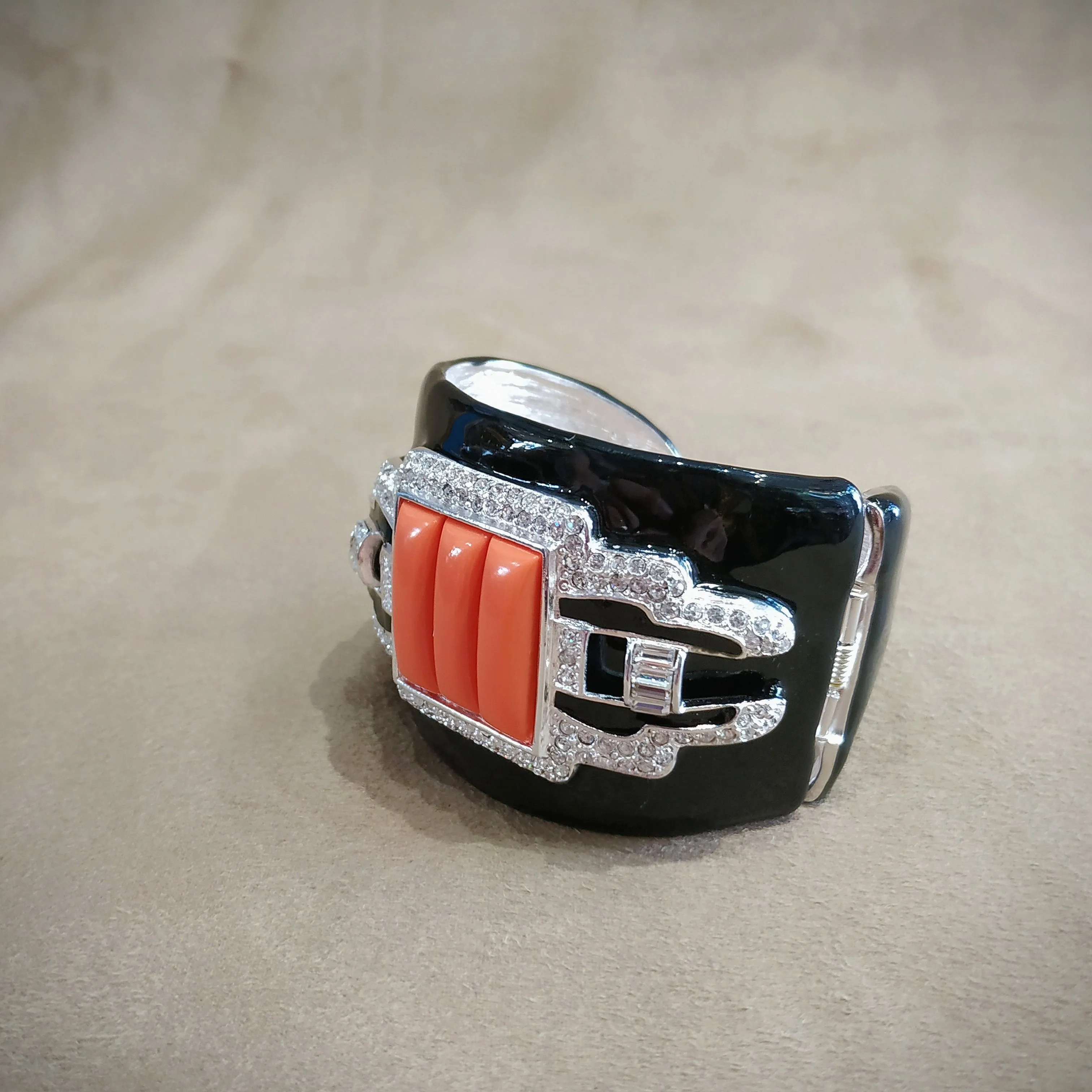 Kenneth Jay Lane Art Deco Coral Black Enamel Cuff Bracelet