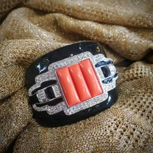 Kenneth Jay Lane Art Deco Coral Black Enamel Cuff Bracelet