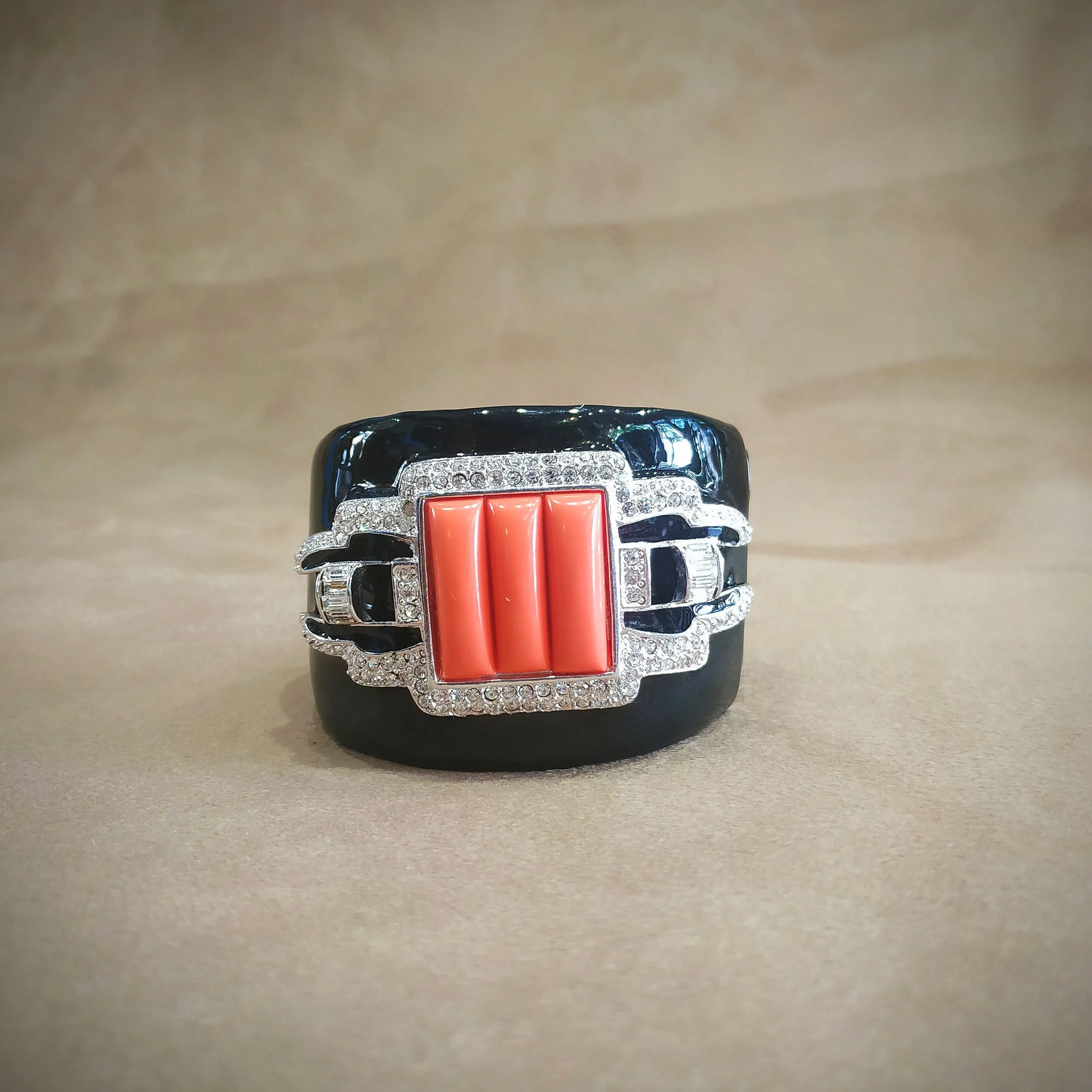 Kenneth Jay Lane Art Deco Coral Black Enamel Cuff Bracelet