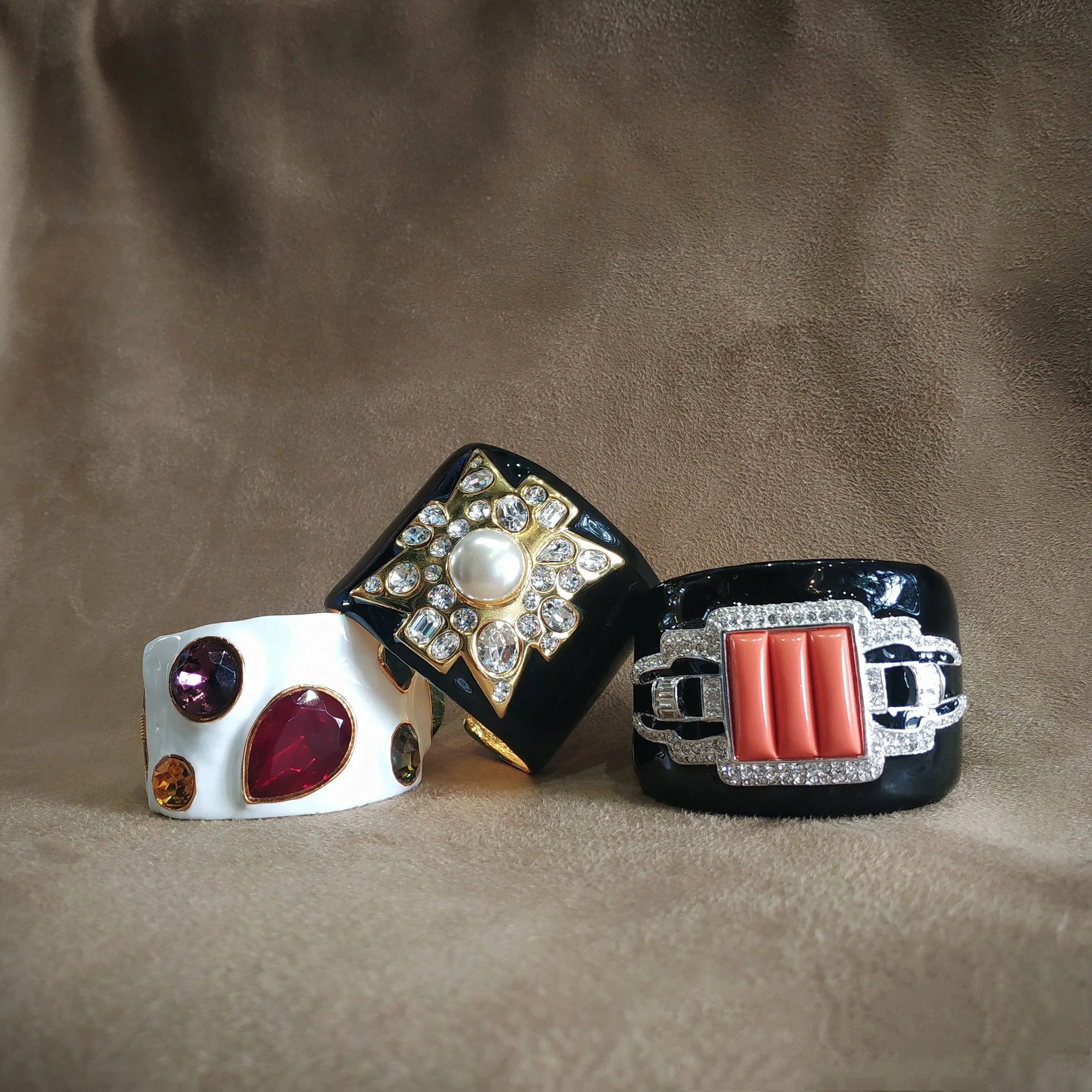 Kenneth Jay Lane Art Deco Coral Black Enamel Cuff Bracelet