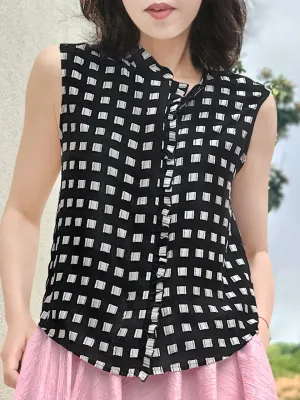 Last Chance! Monochrome Checker Embroidered Silky Sleeveless Blouse