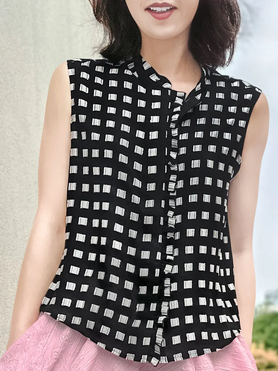 Last Chance! Monochrome Checker Embroidered Silky Sleeveless Blouse
