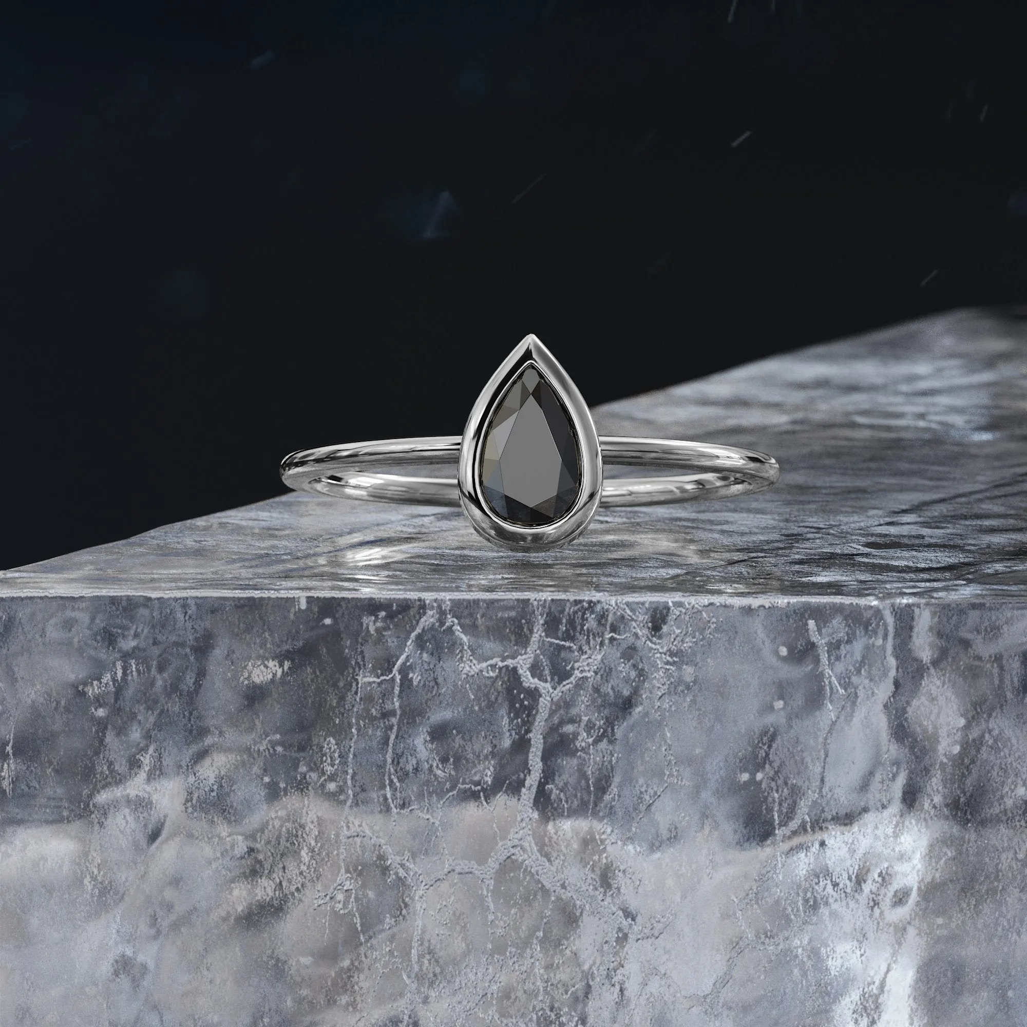 Lyra Bezel Natural Black Diamond Pear Cut Engagement Ring