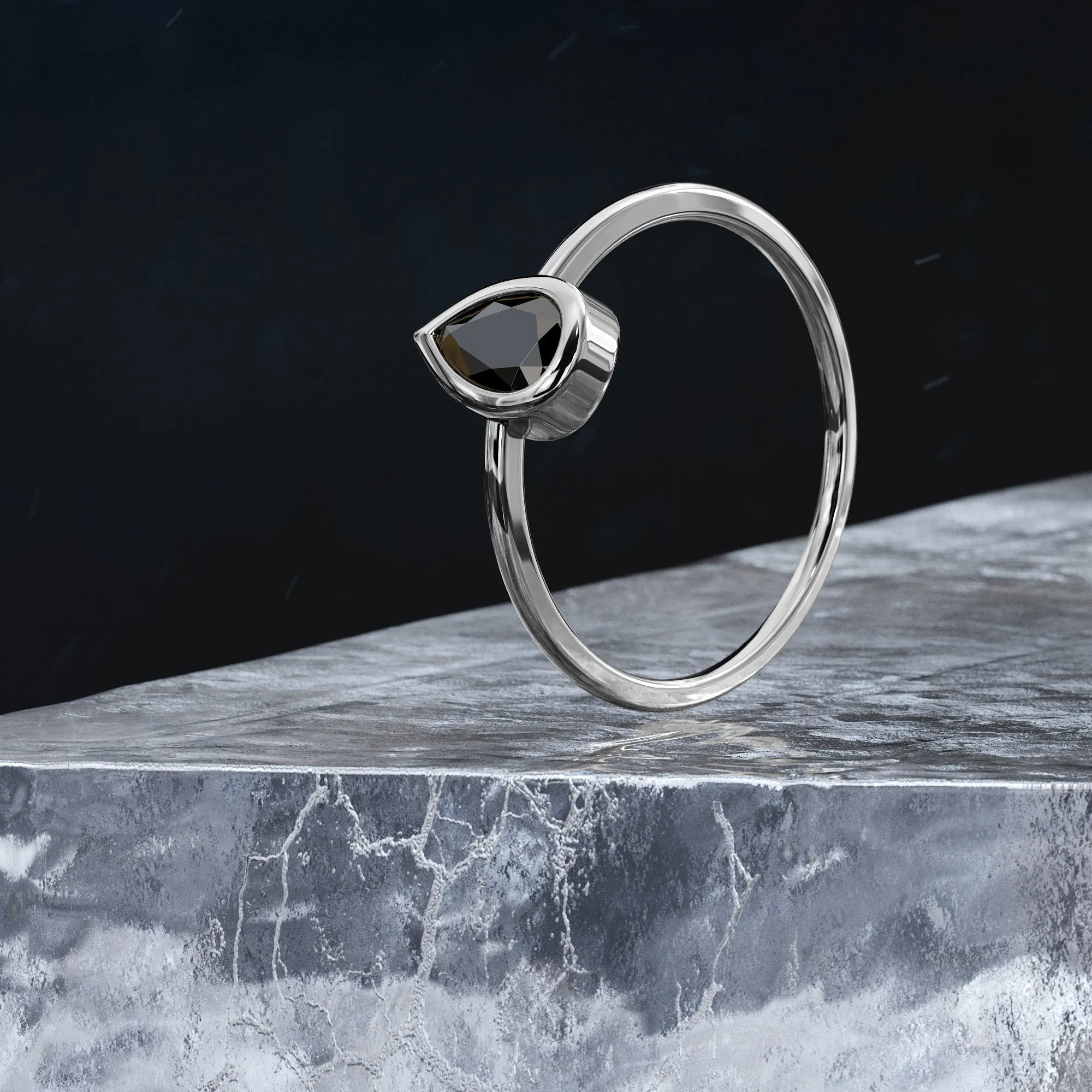 Lyra Bezel Natural Black Diamond Pear Cut Engagement Ring