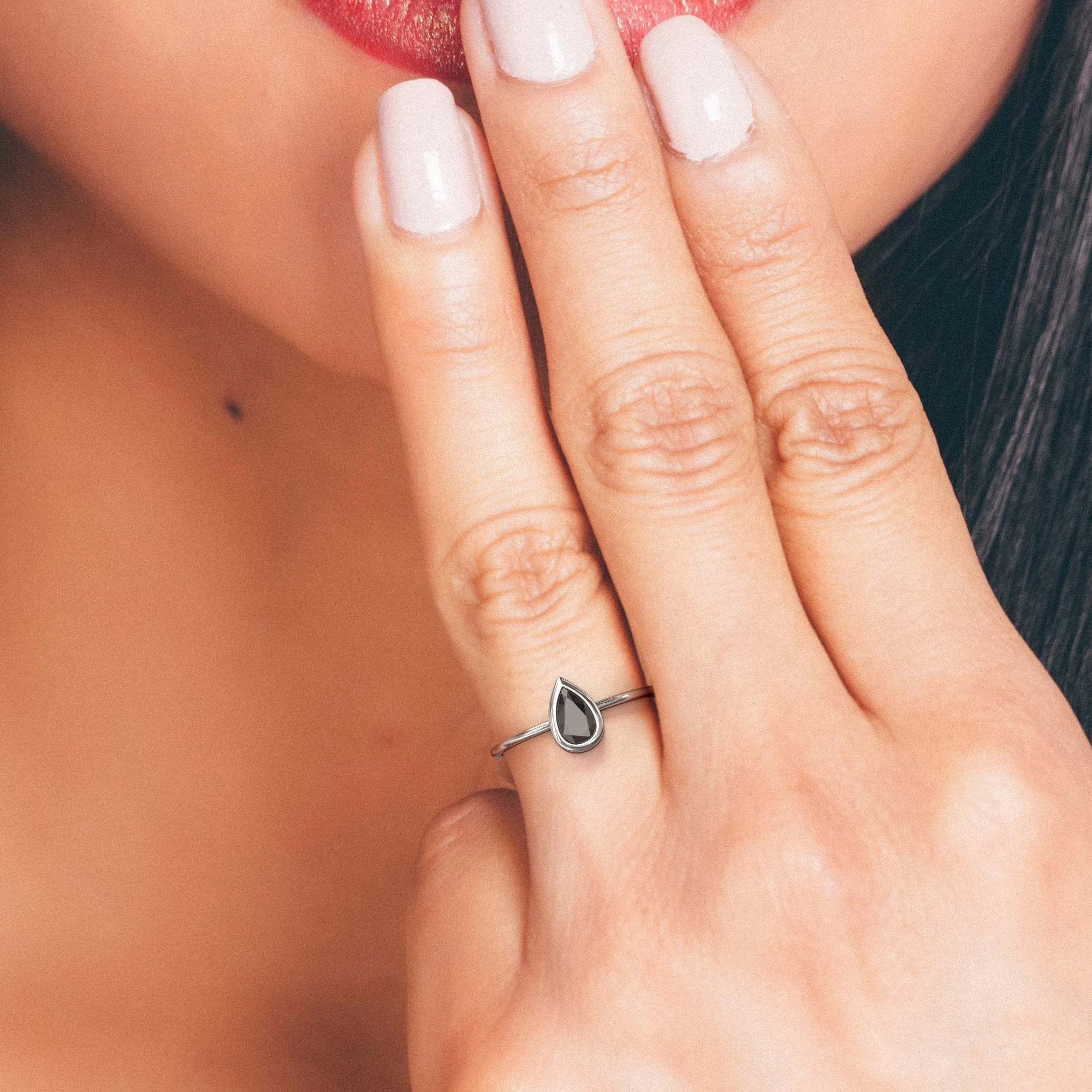 Lyra Bezel Natural Black Diamond Pear Cut Engagement Ring
